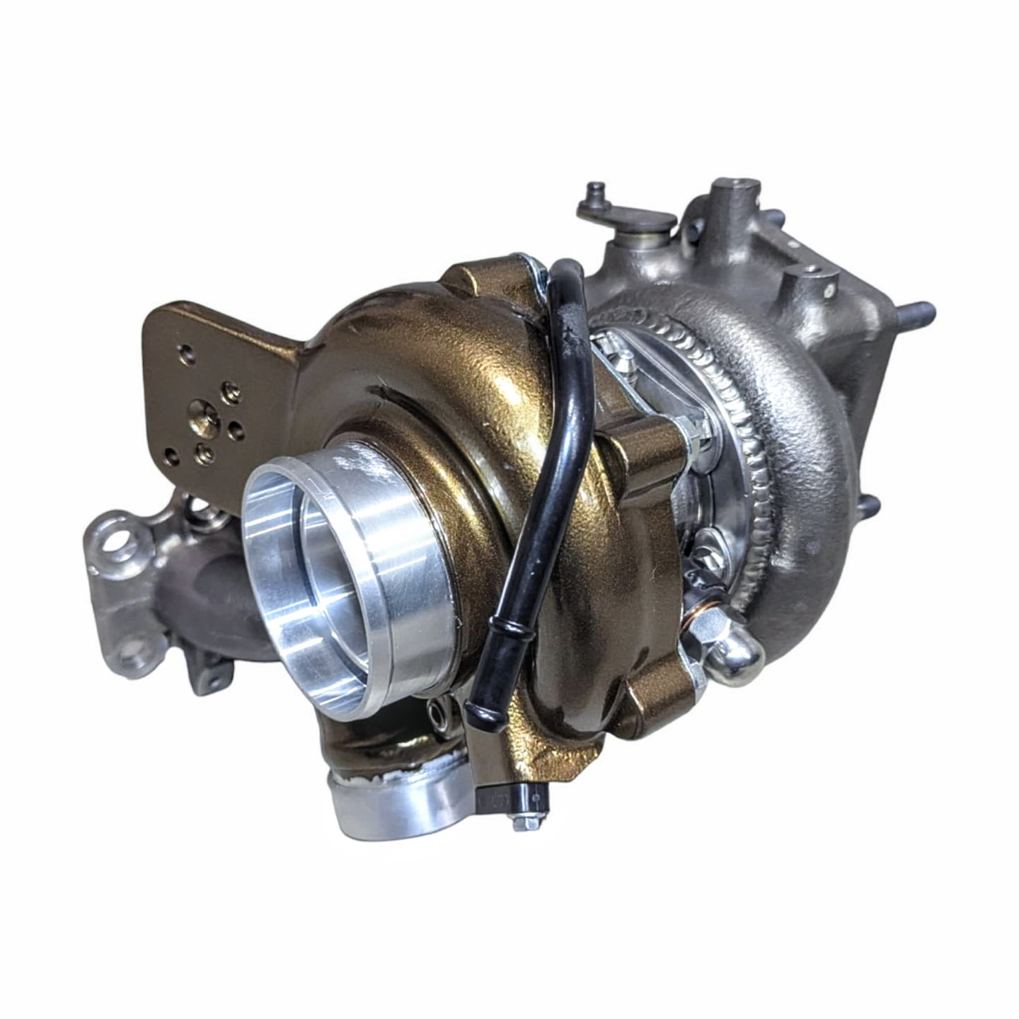 Side profile of the IFX-660 Plus showing the genuine Garrett dual ball-bearing center housing and custom oil lines for a direct bolt-on fitment to the i30N.