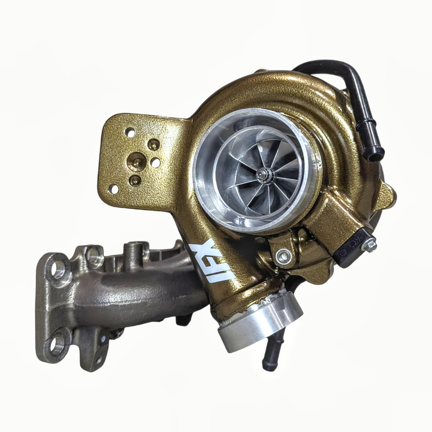 The IFX-660 Plus performance turbo for Hyundai i30N, shown on its structural mounting base with the custom e-wastegate bracket and high-temp hardware included.