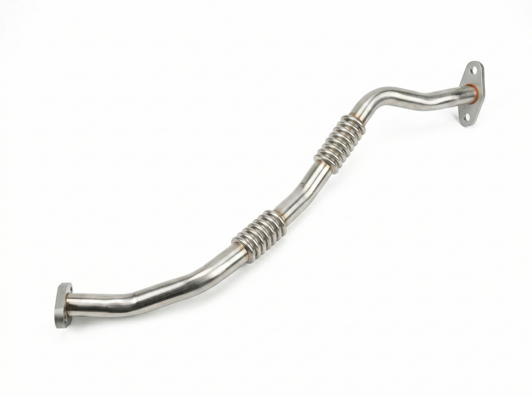 Top-down view of the Genuine Hyundai i30N Turbocharger oil drain return pipe, Part Number 28245-2GTB1, showing the mounting flange and high-temp flex joint.