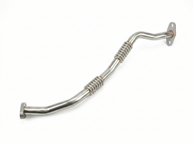 Top-down view of the Genuine Hyundai i30N Turbocharger oil drain return pipe, Part Number 28245-2GTB1, showing the mounting flange and high-temp flex joint.