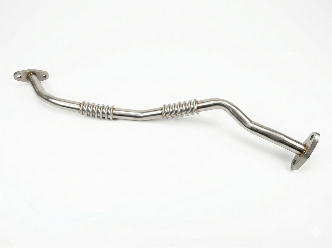 Front-on profile of the i30N Turbo oil return line (PN: 28245-2GTB1), detailing the specific pipe bends and drainage angle for a factory-perfect fit.