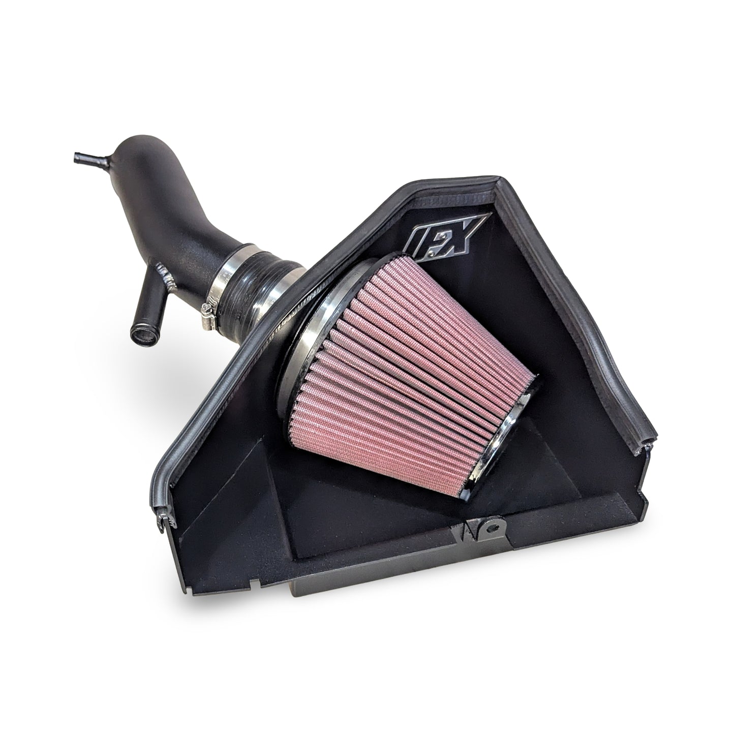 Low-angle view of the IFX intake kit for the Sedan N, highlighting the massive air volume capacity of the 6-inch velocity stack system.