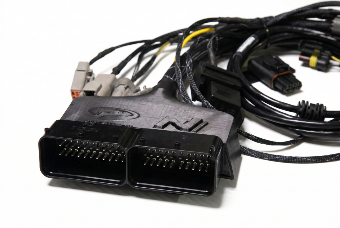 Close-up detail of the custom-spec wiring harness included with the Motec M142 kit, featuring high-grade connectors for reliable engine management on the i30N.