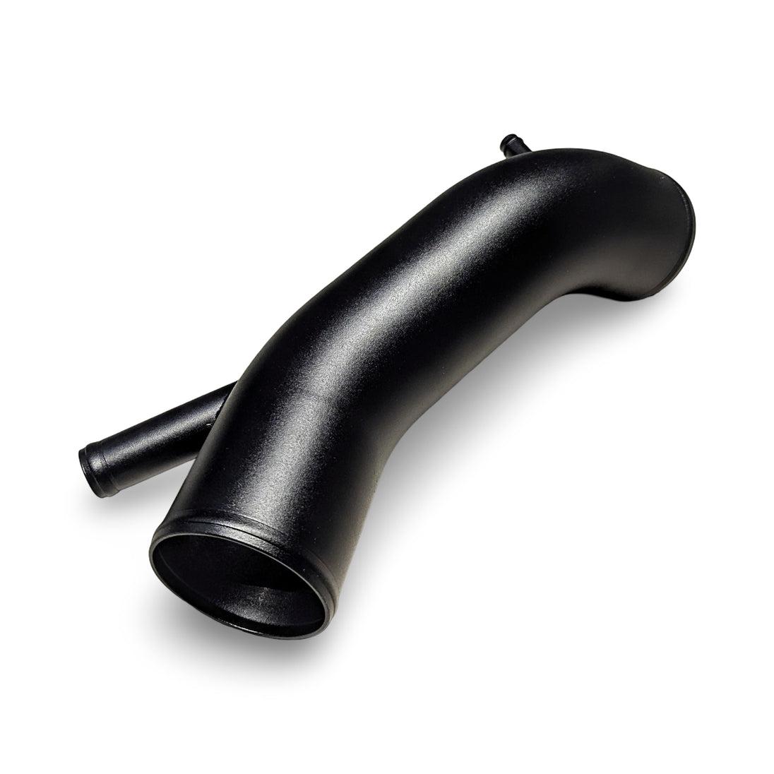 Technical shot of the 3-inch aluminum intake pipe, featuring a seamless mandrel bend and textured black powder coat for an OEM+ look.