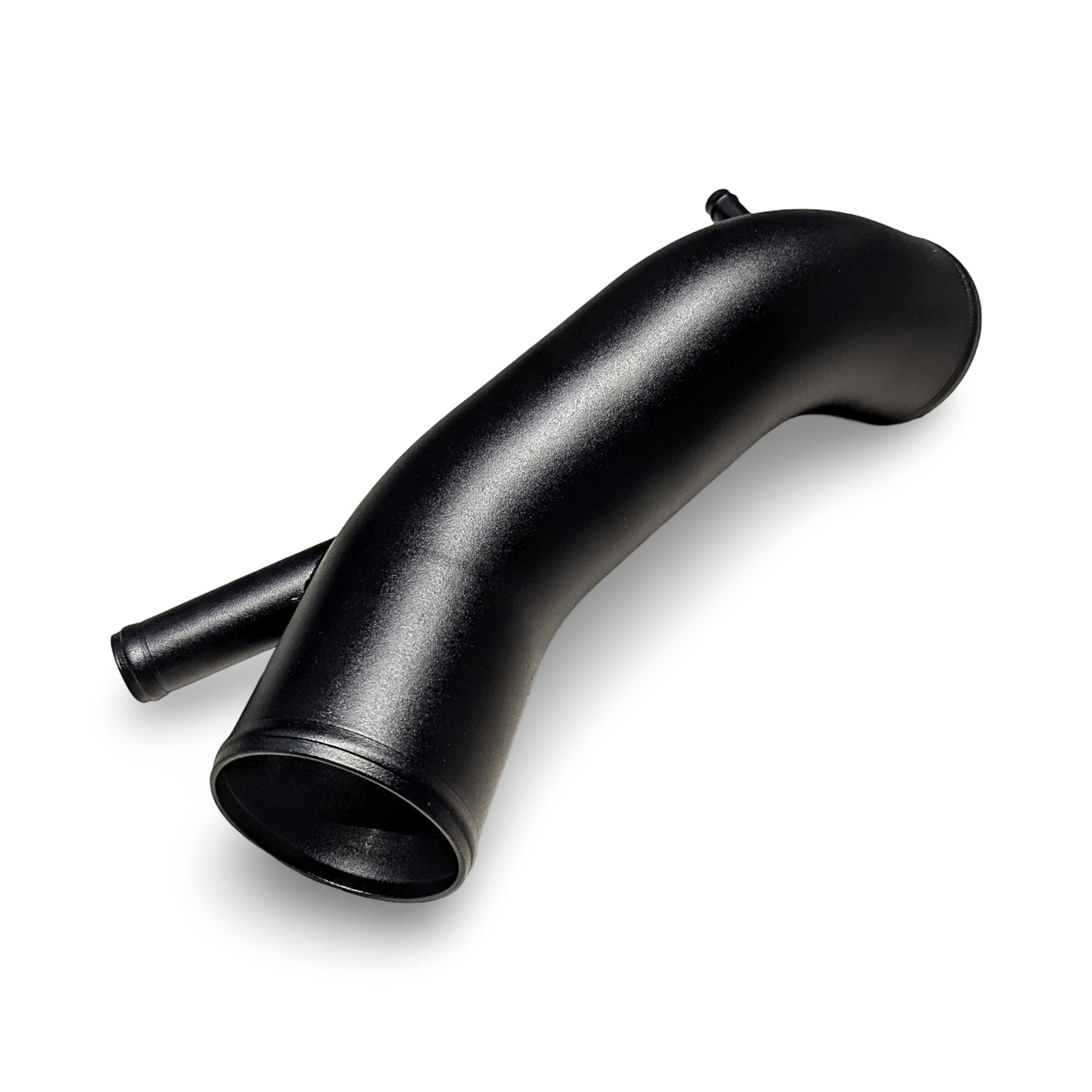 Technical shot of the 3-inch aluminum intake pipe, featuring a seamless mandrel bend and textured black powder coat for an OEM+ look.
