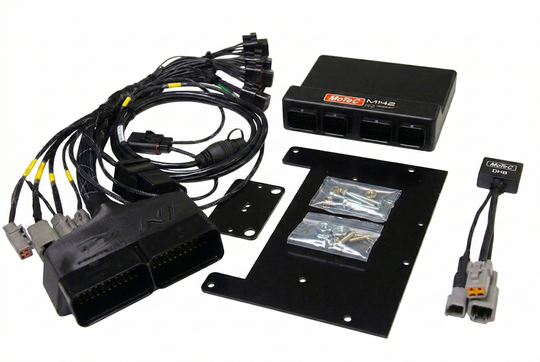 Complete Motec M142 ECU kit for Hyundai i30N, including custom wiring loom, mounting brackets, and advanced engine management components for maximum performance.