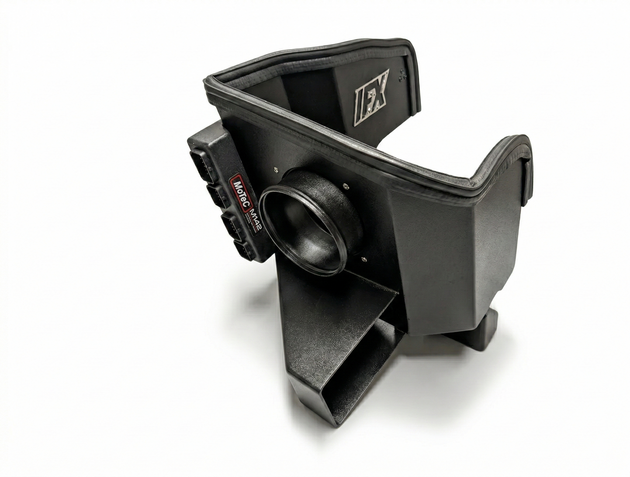 Motec M142 ECU secured to the Impossible Fab (IFX) cold air intake housing, showcasing a clean, integrated installation on the Hyundai i30N.